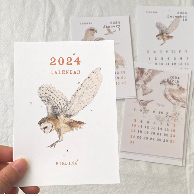 2024 月历卡 C  黑翅鸢 凤头苍鹰 草鸮 黑鸢 鱼鹰 鸺鶹 日本松雀 - 年历/台历 - 纸 