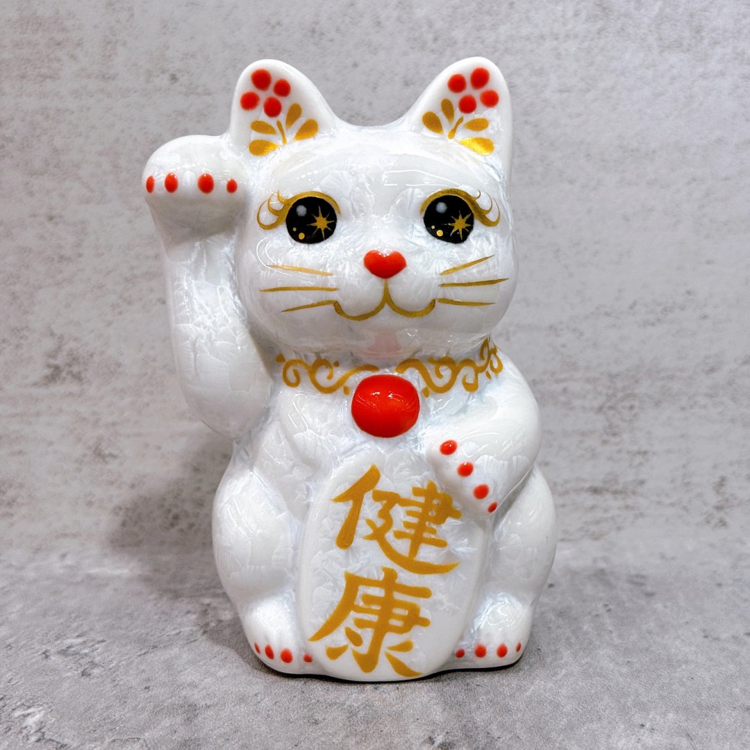 【喵迎健康】日本清水烧招财猫 | 花结晶 白 健康 右 特小 - 摆饰 - 瓷 白色