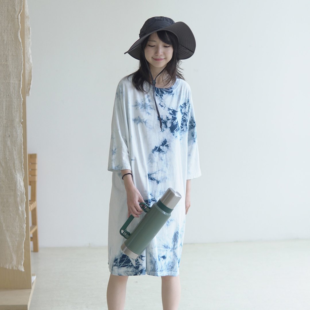 植物蓝染扎染全棉长款卫衣 - 女装 T 恤 - 棉 蓝色