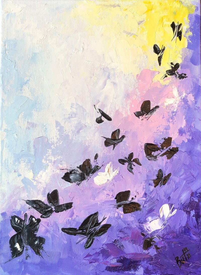 Butterflies Painting Abstract Original Oil Art Floral Artwork Beautiful Wall Art - 海报/装饰画/版画 - 其他材质 紫色