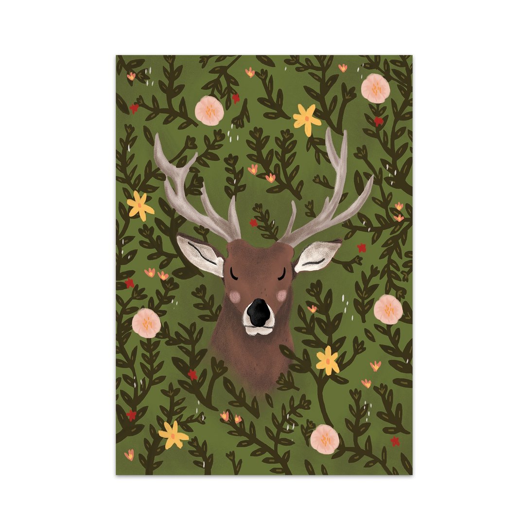 Deer in the Woods Art Print - 卡片/明信片 - 纸 绿色