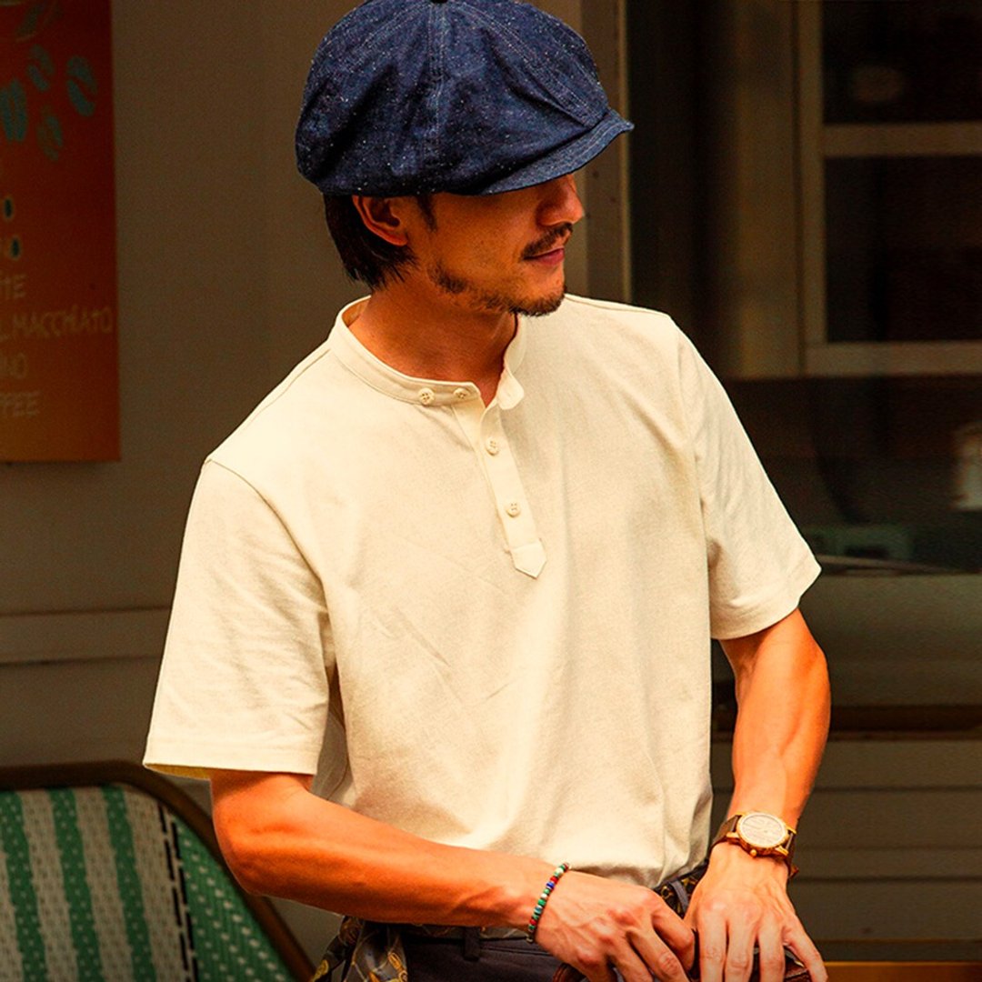 SOARIN AMEKAJI美式复古纯棉亨利领素面工装T-SHIRT-杏色(222T611 - 男装上衣/T 恤 - 棉．麻 