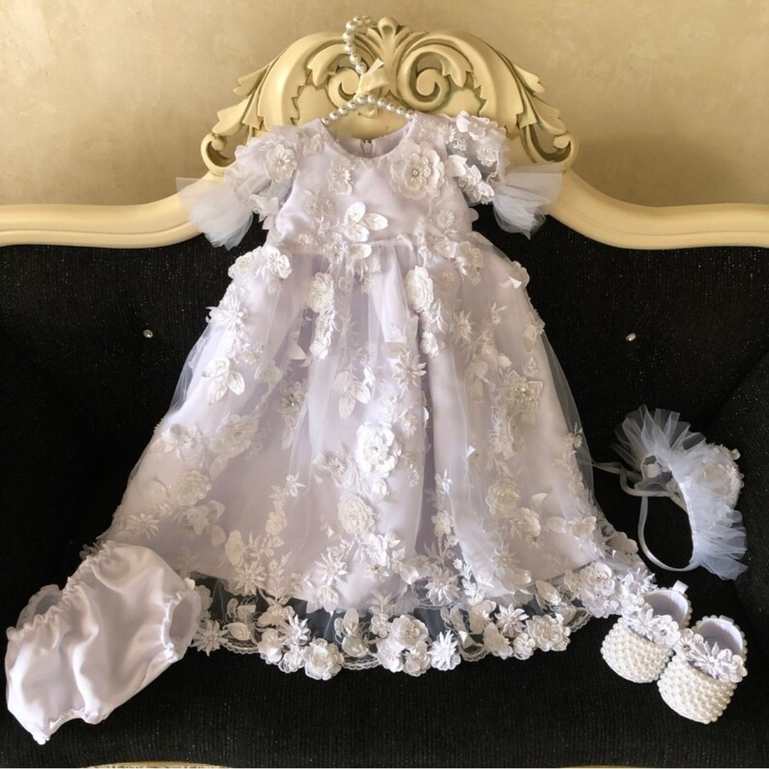 White dress with 3d flowers with pearls and sparkles, bonnet, panties and shoes. - 童装礼服/连衣裙 - 其他材质 白色