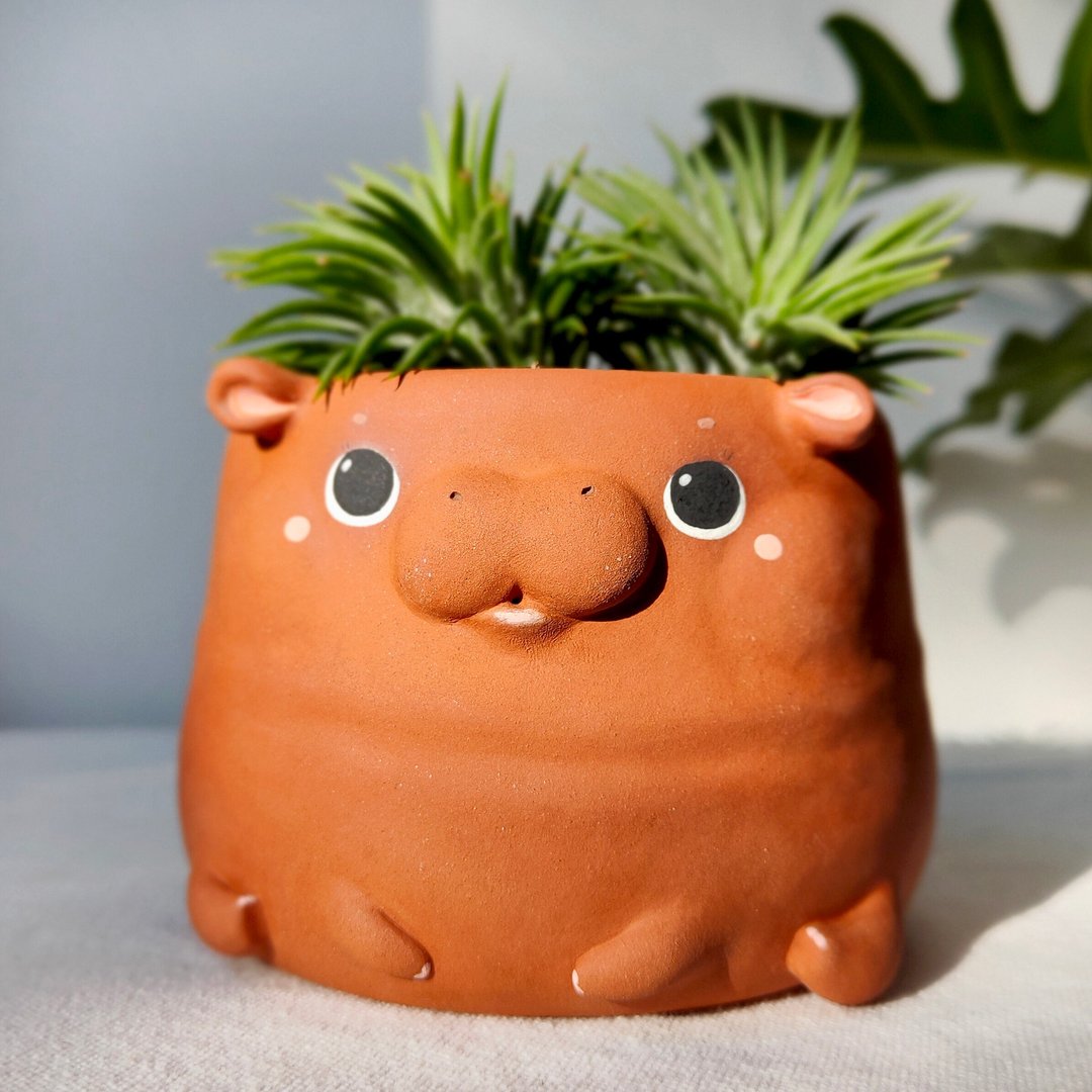 Cute terracotta Hippo Planter. Handmade pot with drainage. - 花瓶/陶器 - 陶 