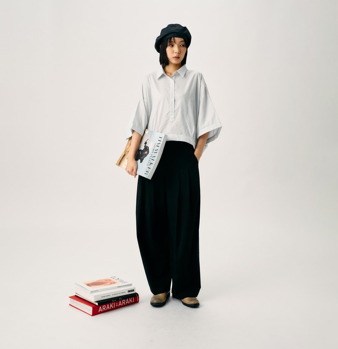【仅剩一套】造型宽袖衬衫 + 黑色宽管长裤 3999 元 - 女装长裤 - 棉 黑色