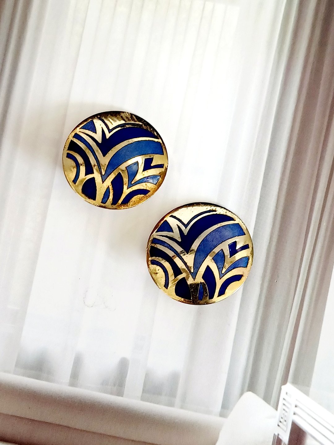 vintage jewelry  古典景泰蓝 蓝色蔺草 夹式耳环 - 耳环/耳夹 - 其他金属 