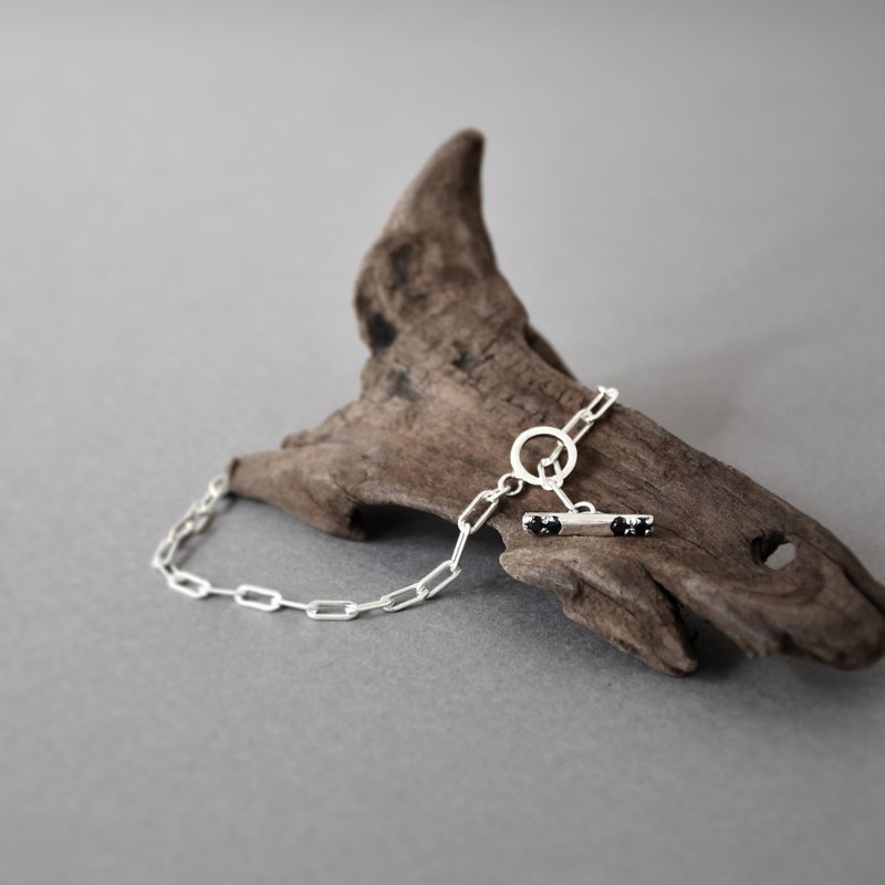 简约粗银链925银配黑尖晶石圈扣手链 //Sterling Silver Bracelet - 手链/手环 - 银 银色