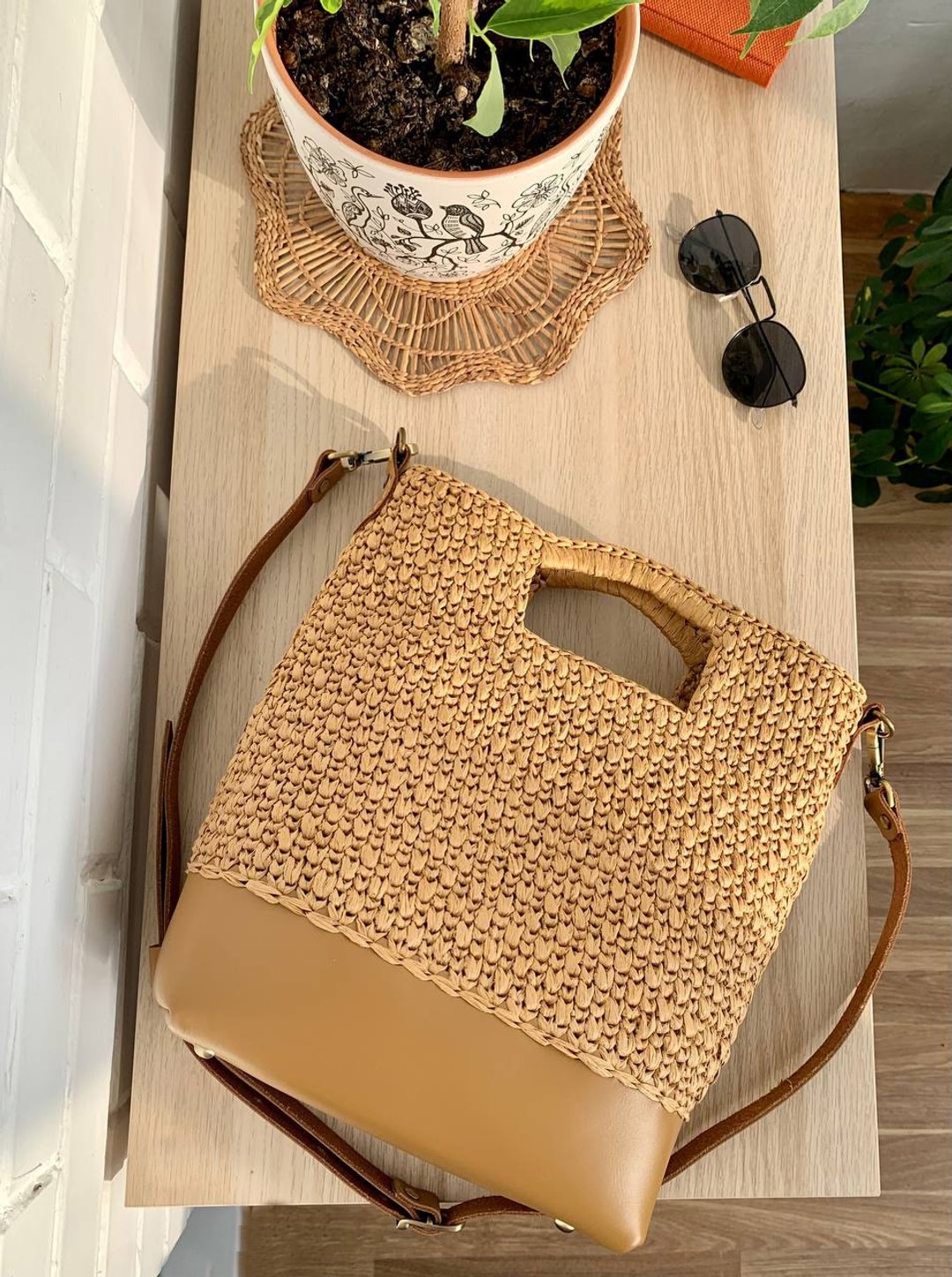 Crochet Raffia Tote Bag, Genuine leather bag, Shoulder bag, Designer tote bag - 手提包/手提袋 - 棉 咖啡色