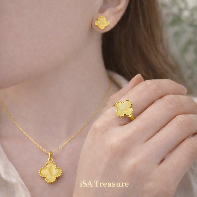 【一套穿搭】 白蜜四叶草・温润守护纯银珠宝三件组 - 项链 - 玉石 粉红色