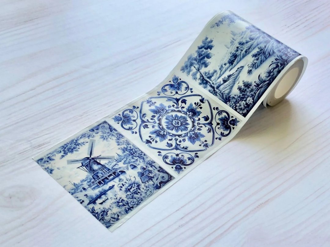 Delft blue and white tiles pattern Extra Washi Tape - 纸胶带 - 纸 蓝色