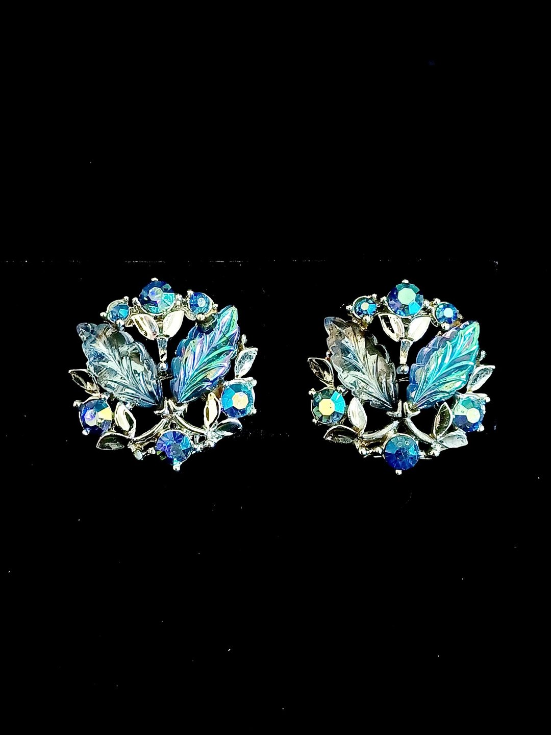 vintage jewelry B.S.K 极光淡蓝莱茵 夹式耳环 - 耳环/耳夹 - 其他金属 