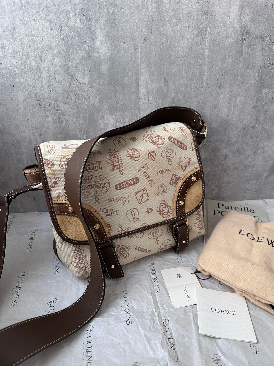 中古包 LOEWE 罗意威 160周年纪念款饼干斜背包 - 手提包/手提袋 - 真皮 卡其色
