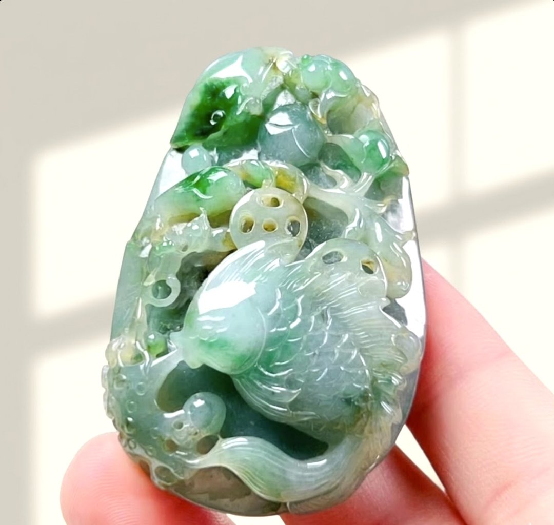 三彩翡翠精雕荷包有鱼 | 天然缅甸玉翡翠 A 货 | 送礼 - 项链 - 玉石 多色
