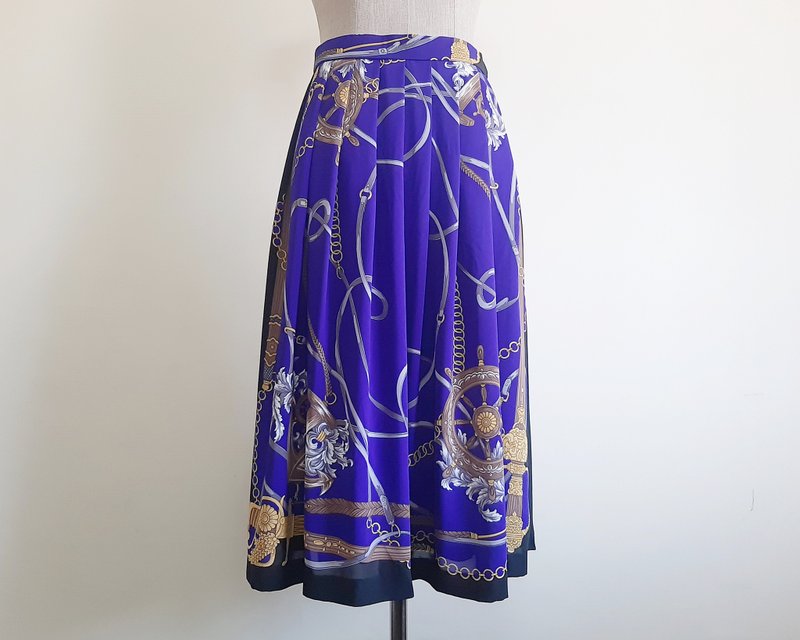 复古黑紫巴洛克风格丝巾印花雪纺中长裙 女款 XS 腰围 25 英寸 - 裙子 - 聚酯纤维 紫色