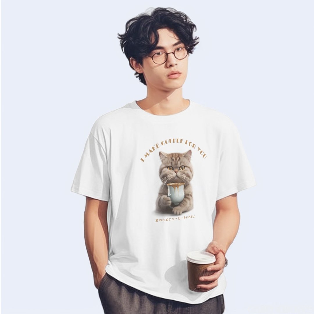 猫咪为你做咖啡系列一凡物制原创纯棉男女款简约时尚T恤 - 女装 T 恤 - 棉 白色