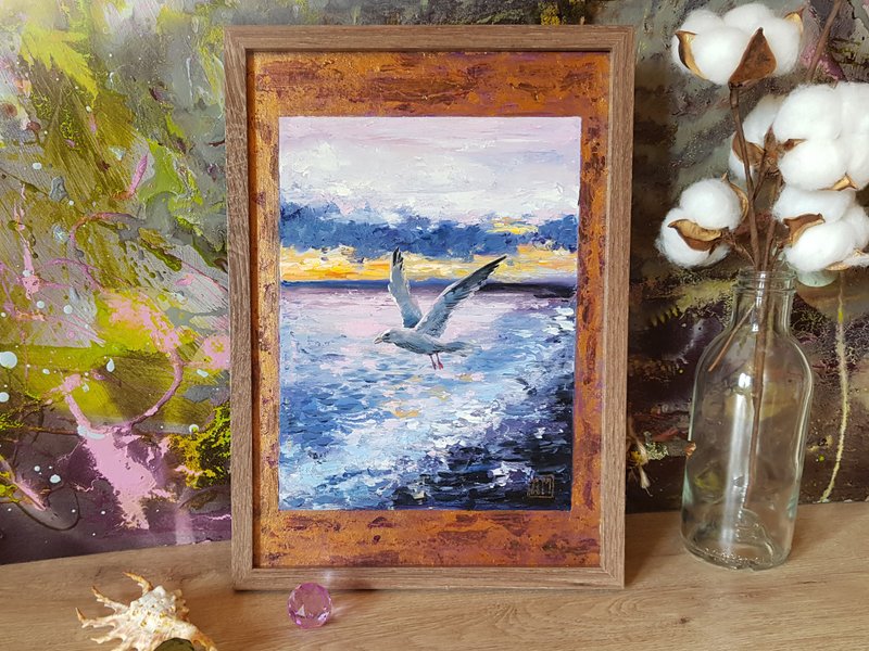 Original cute  Seascape with bird artwork hand painted oil painting - 墙贴/壁贴 - 其他材质 