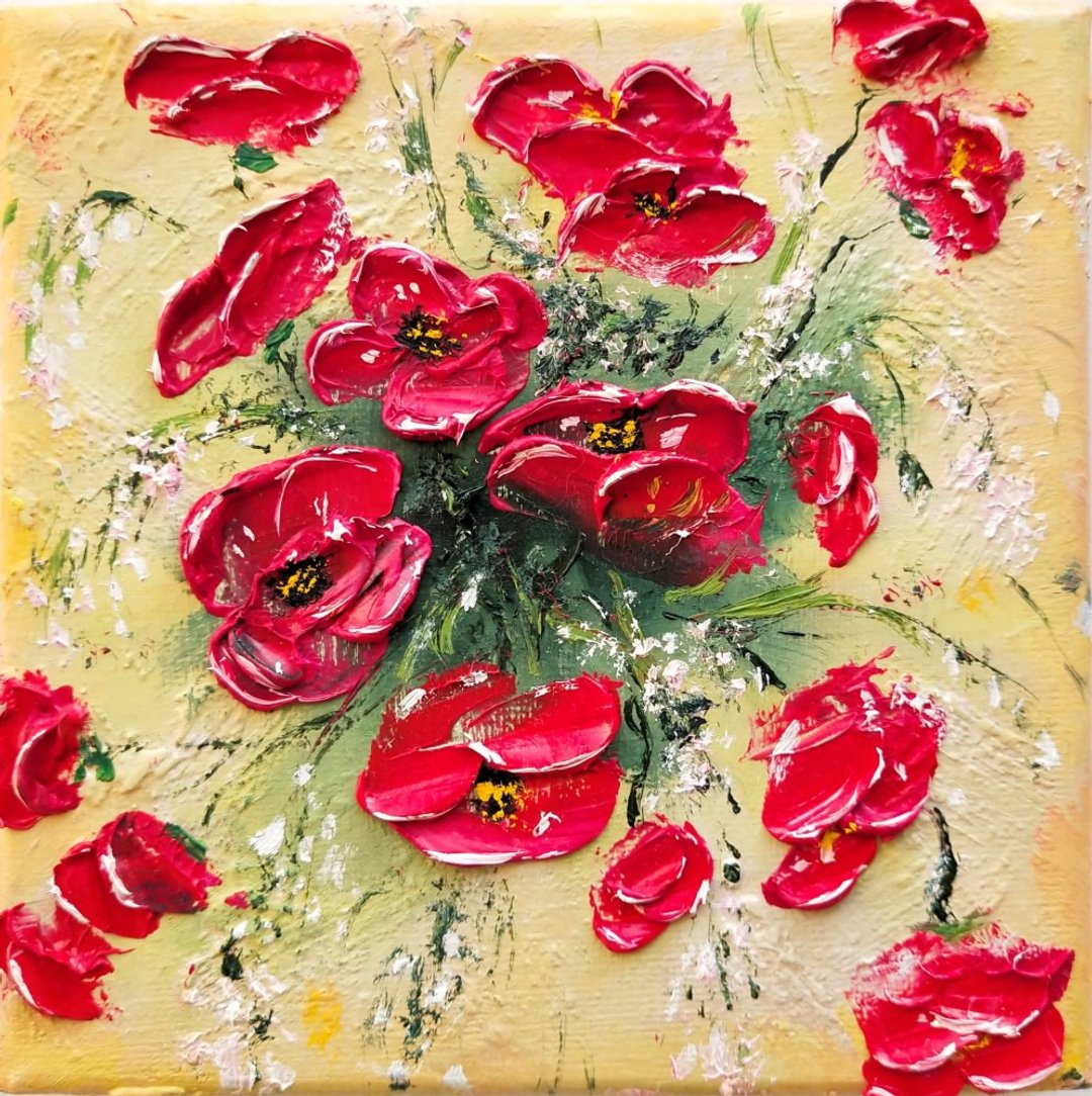 Red Poppy Painting Flower Original Artwork Small Oil Painting on Canvas 手繪油畫 - 墙贴/壁贴 - 棉．麻 多色