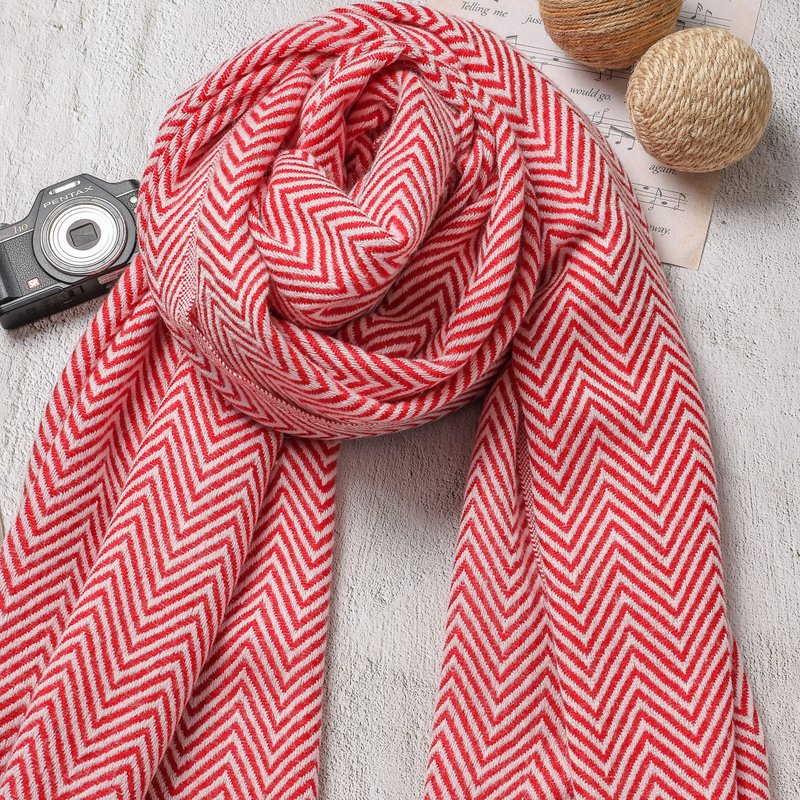 【厚款】喀什米尔羊毛围巾/披肩  山形纹红白色 手工机织 - 围巾/披肩 - 羊毛 红色