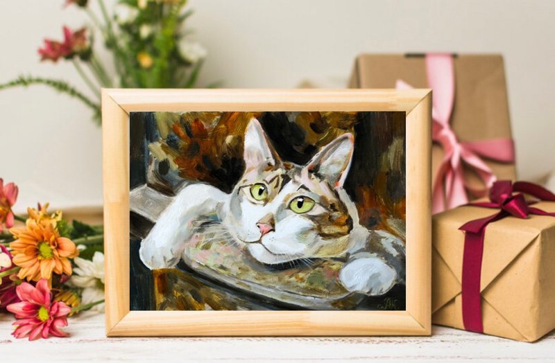 Lovely kitty hungry modern wall art 6x8 inch cat portrait original oil painting - 墙贴/壁贴 - 纸 多色