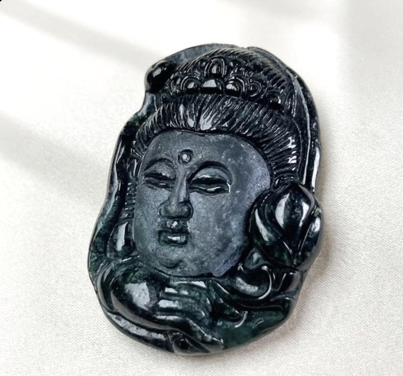 墨玉翡翠观音佛首项链 | 裸石 | 天然缅甸玉翡翠A货 | 送礼 - 项链 - 玉石 绿色