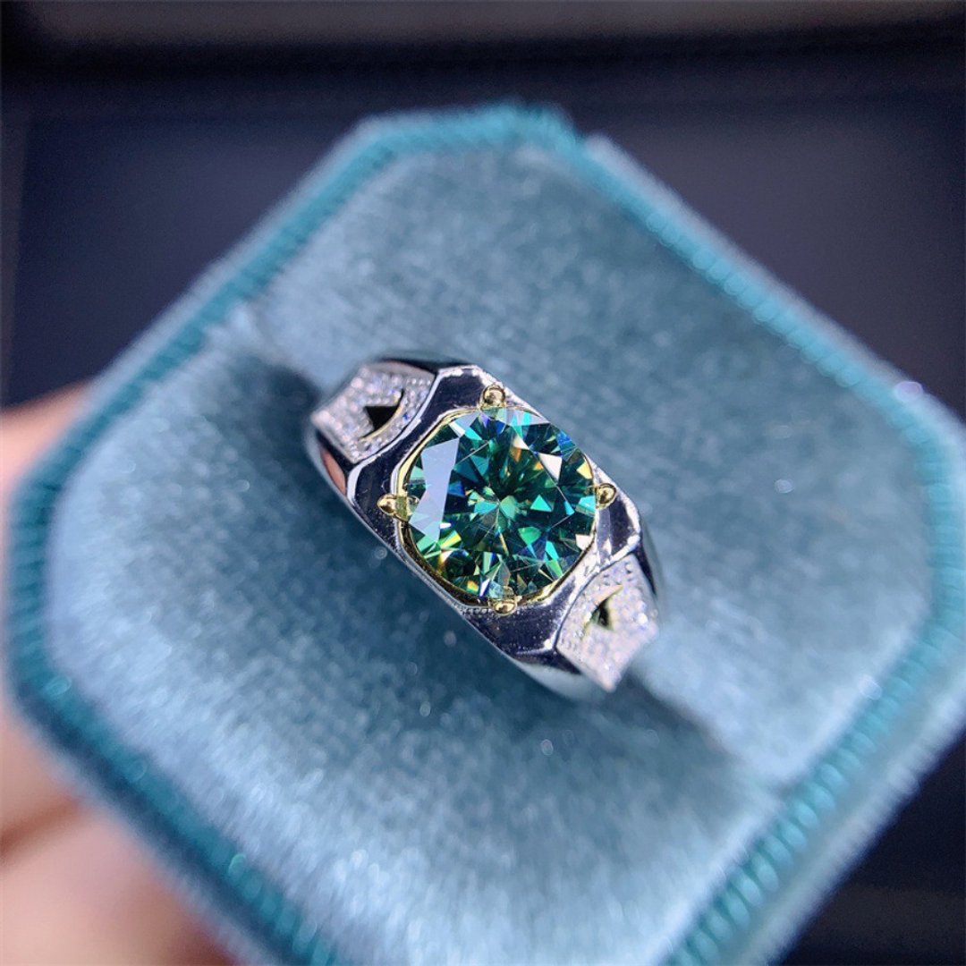 Moissanite Men's Ring, 2 Ct Green Moissanite Ring, Moissanite Silver Ring - 戒指 - 其他金属 银色