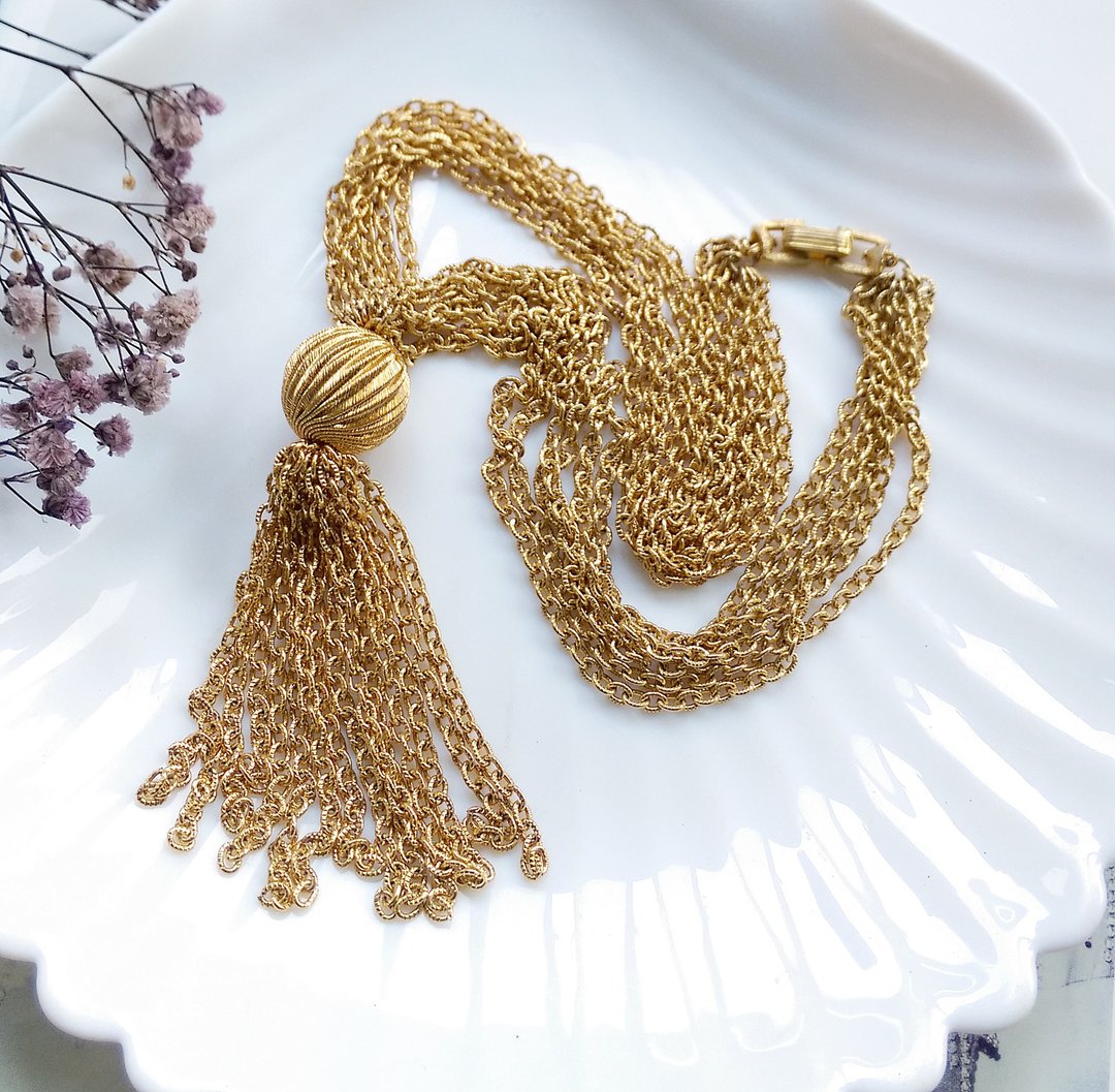 【西洋古董饰品 】 TRIFARI 摩登 金球流苏 多链 短链 项链 - 项链 - 其他金属 金色