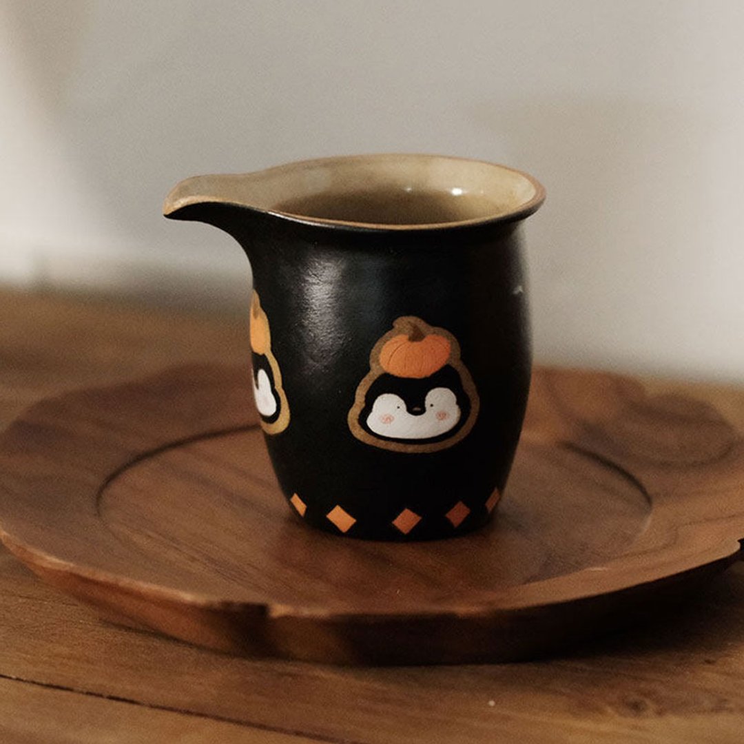 手繪南瓜企鵝快客壺 | 日式復古陶瓷茶具 | 手工家用便攜款 - 茶具/茶杯 - 瓷 黑色