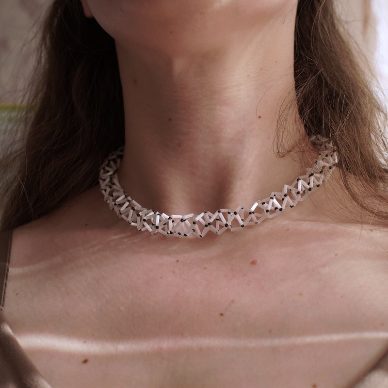 手工 Miyuki 玻璃管珠颈链 – 精致几何设计 - 项链 - 玻璃 白色