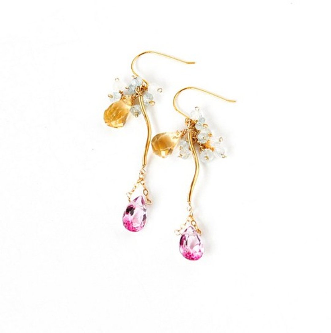 14kgf/natural pink topaz x citrine wave line earrings - 耳环/耳夹 - 宝石 