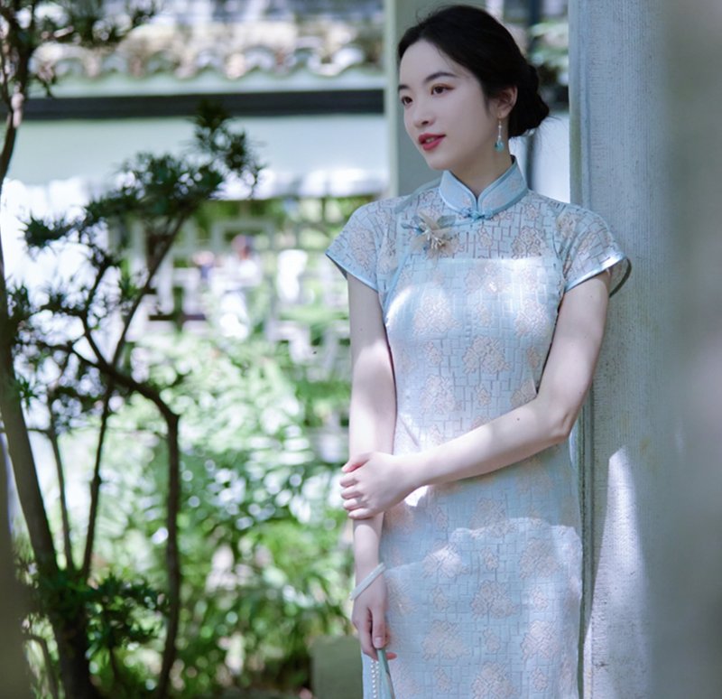 【玉冰纱】 新中式復古/清冷感古法旗袍/蕾丝裙 - 旗袍 - 聚酯纤维 蓝色