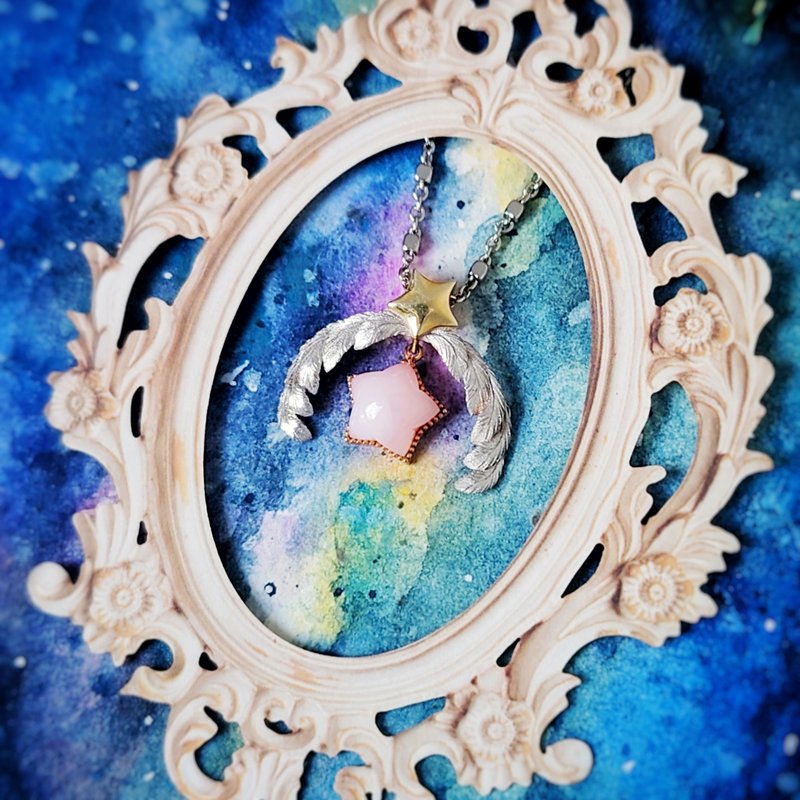 星星粉红蛋白石羽毛电镀18K金纯银吊坠 - 项链 - 半宝石 粉红色