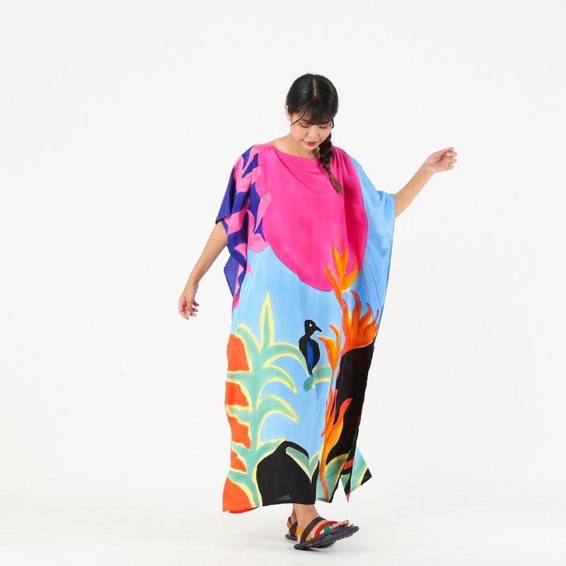 Hand Painted Cotton Silk Kaftan for Summer Resort Vacation - 洋装/连衣裙 - 棉 多色