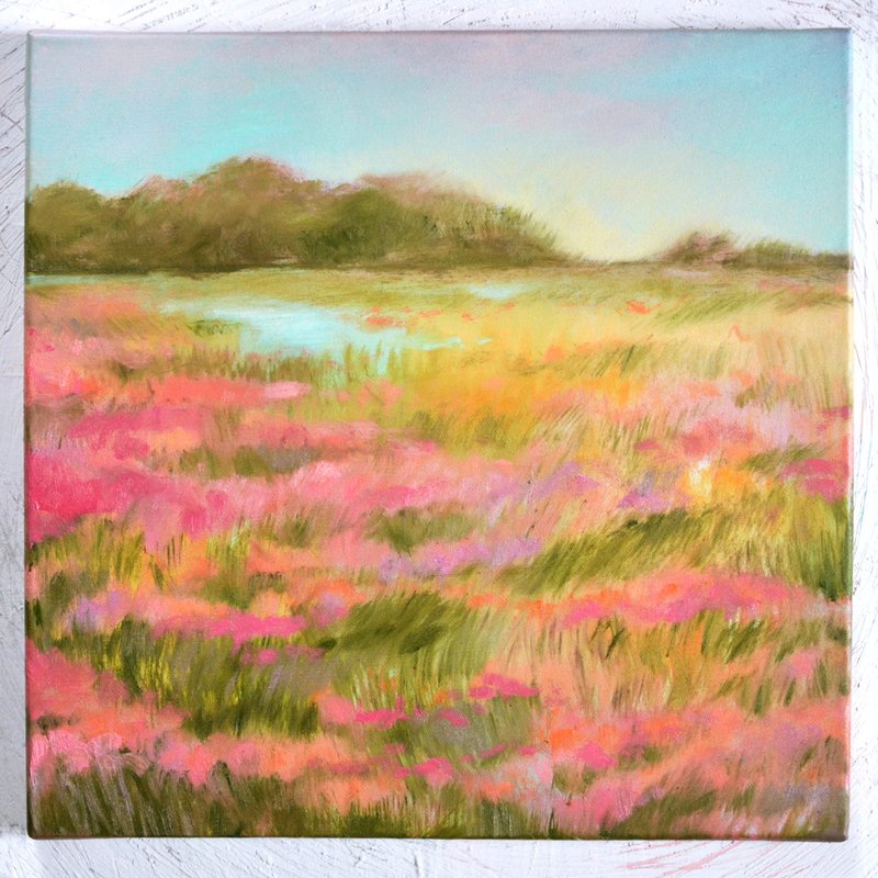 布面风景油画 40x40cm 盛开的草地 16'x16' 天空艺术 - 插画/绘画/写字 - 其他材质 粉红色