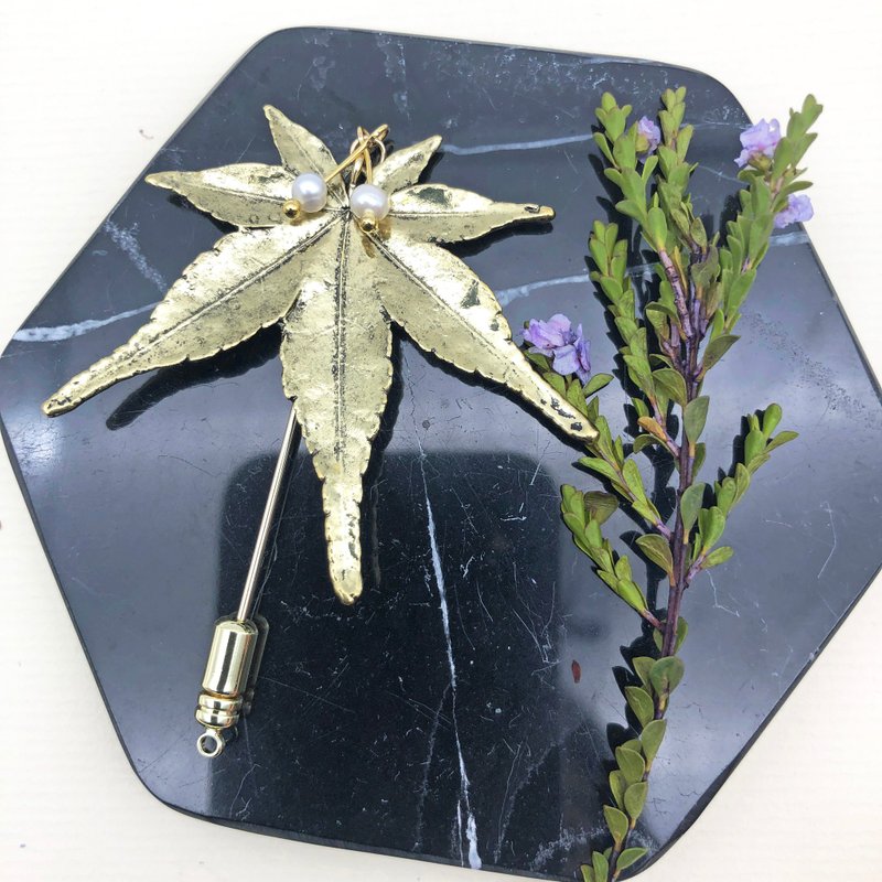 珍珠胸针 枫叶别针 叶子胸针 金色别针 日本风格 玫瑰金别针 - 胸针 - 珍珠 金色