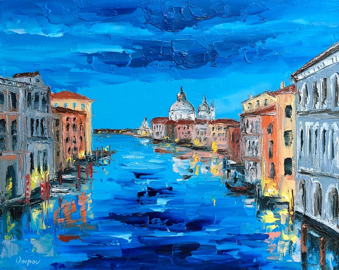 Original Venice Landscape Cityscape Blue Contemporary Sailboats Impasto Artwork - 墙贴/壁贴 - 棉 多色
