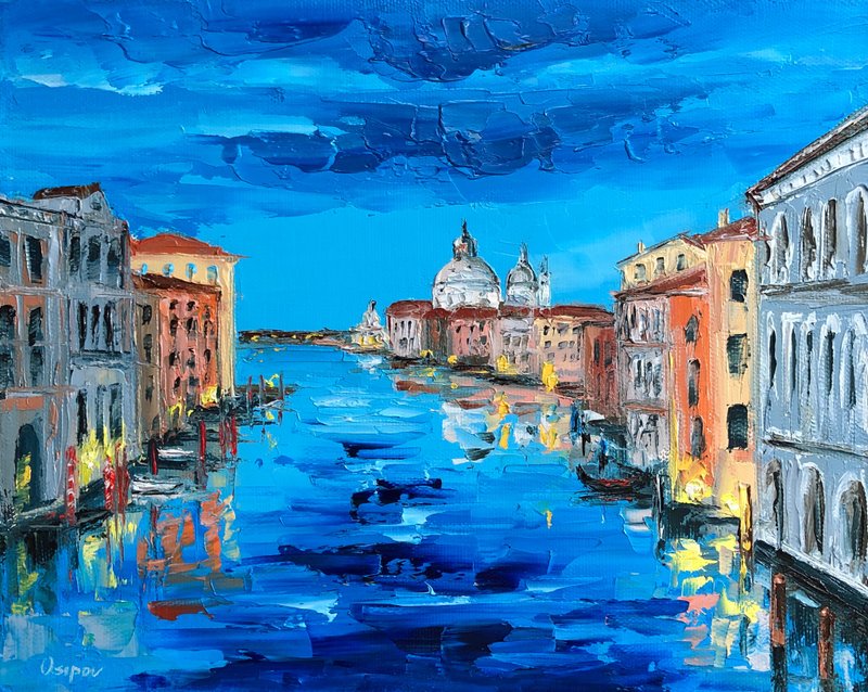 Original Venice Landscape Cityscape Blue Contemporary Sailboats Impasto Artwork - 墙贴/壁贴 - 棉．麻 多色