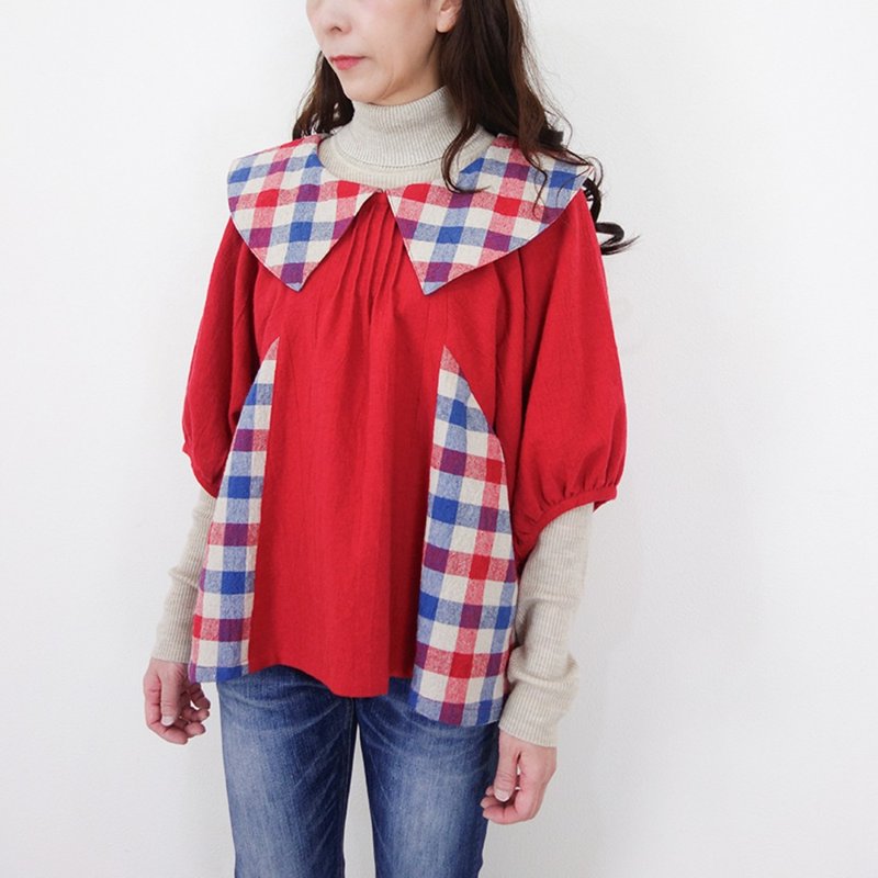 经典大领口 亮红色蝙蝠袖上衣 三色旗格纹 亚麻混纺 - 女装上衣 - 棉．麻 红色