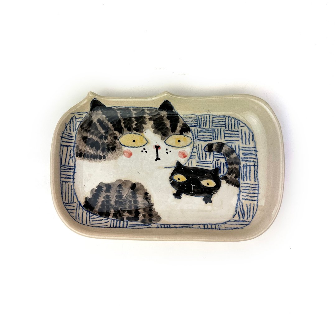 Nice Little Clay 长方盘 可爱猫 0302L-55 - 盘子/餐盘/盘架 - 陶 白色