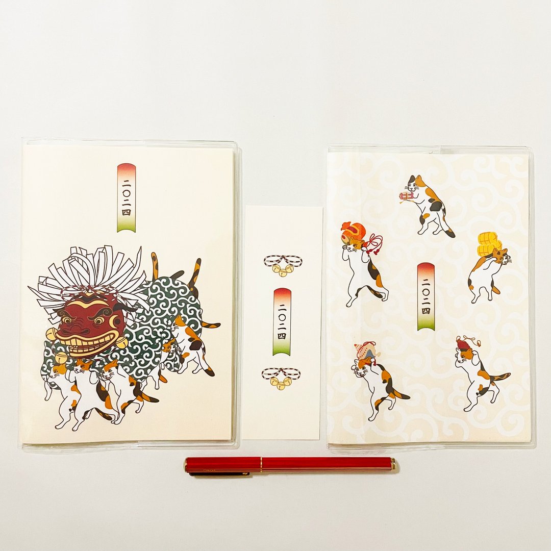 2024年10月上旬印花布猫舞狮日程笔记本2插图封面带书签B6全48页龙年龙年 - 笔记本/手帐 - 纸 红色