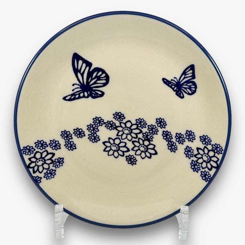 波兰手绘手工陶-圆盘 18cm 简约舞蝶系列 设计师款 - 盘子/餐盘/盘架 - 陶 蓝色