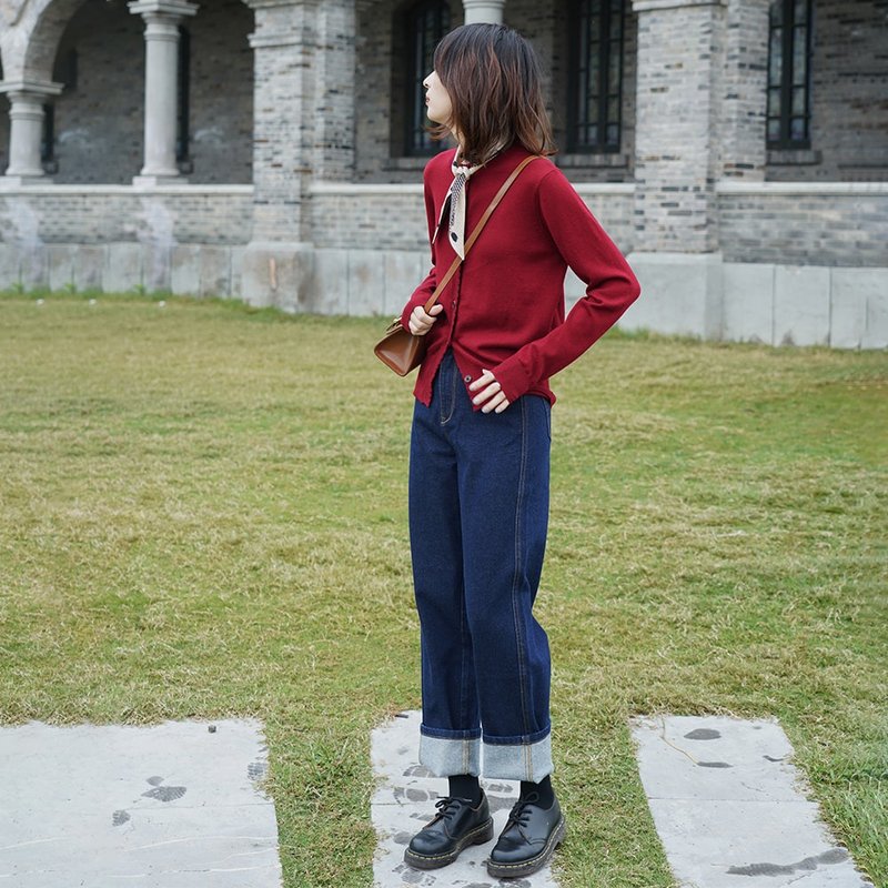 深蓝色宽松直筒牛仔裤|裤子|秋冬款|棉|Sora-605 - 女装长裤 - 棉．麻 蓝色