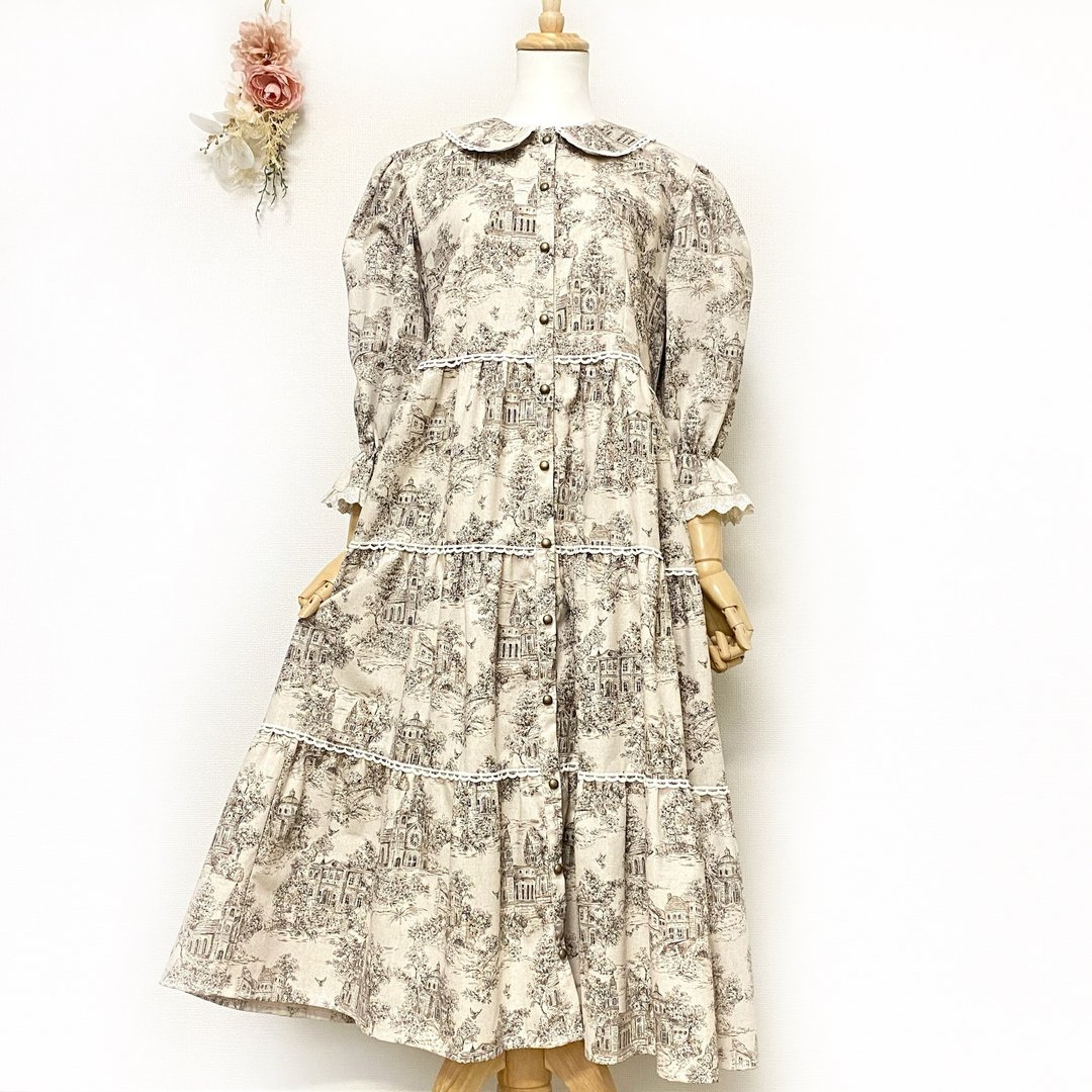 【接单制作】自然甜美风 Toile de Jouy 印花洋装 - 洋装/连衣裙 - 棉 卡其色