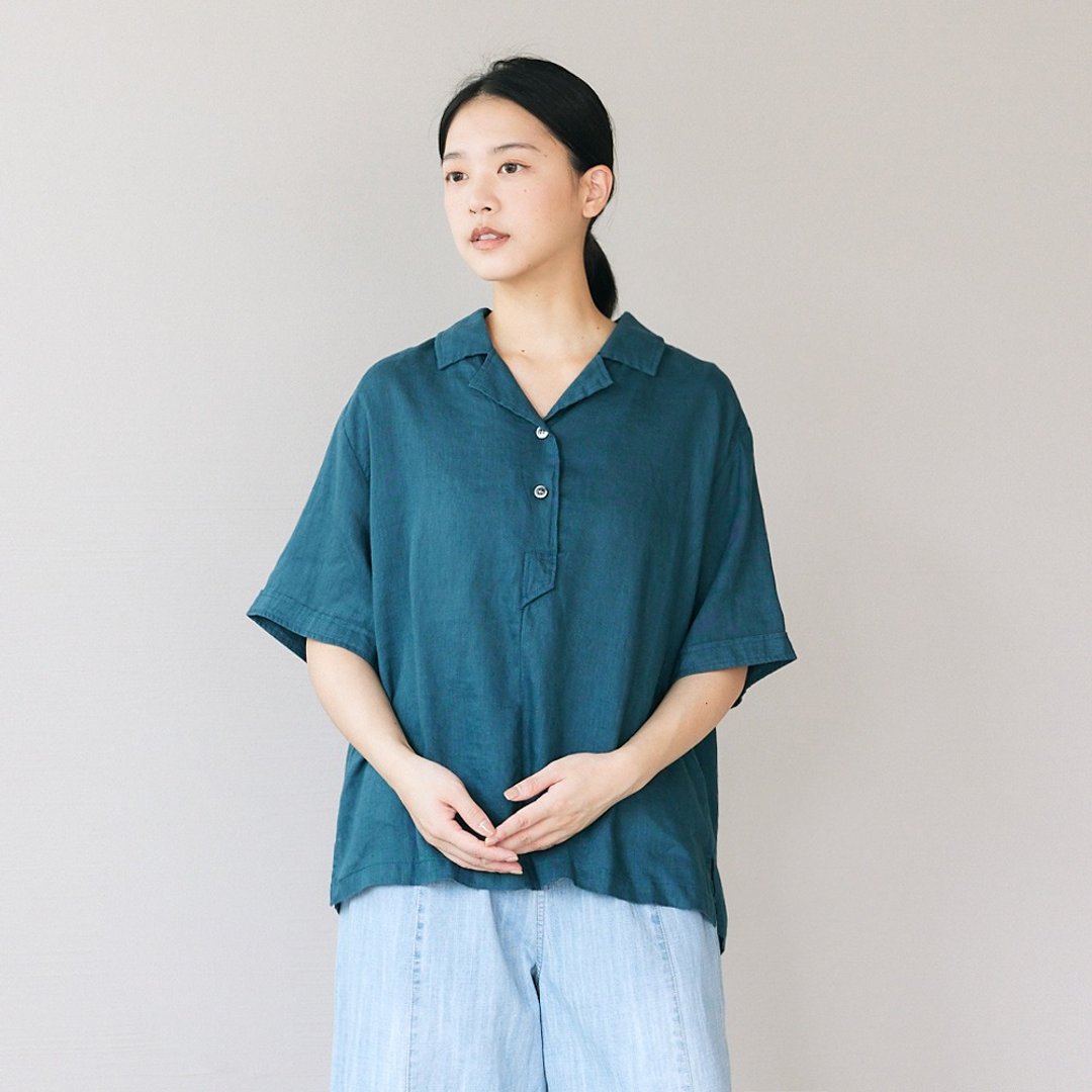 【Simply Yours】亚麻翻领短衬衫 蓝绿F - 女装衬衫 - 棉 蓝色