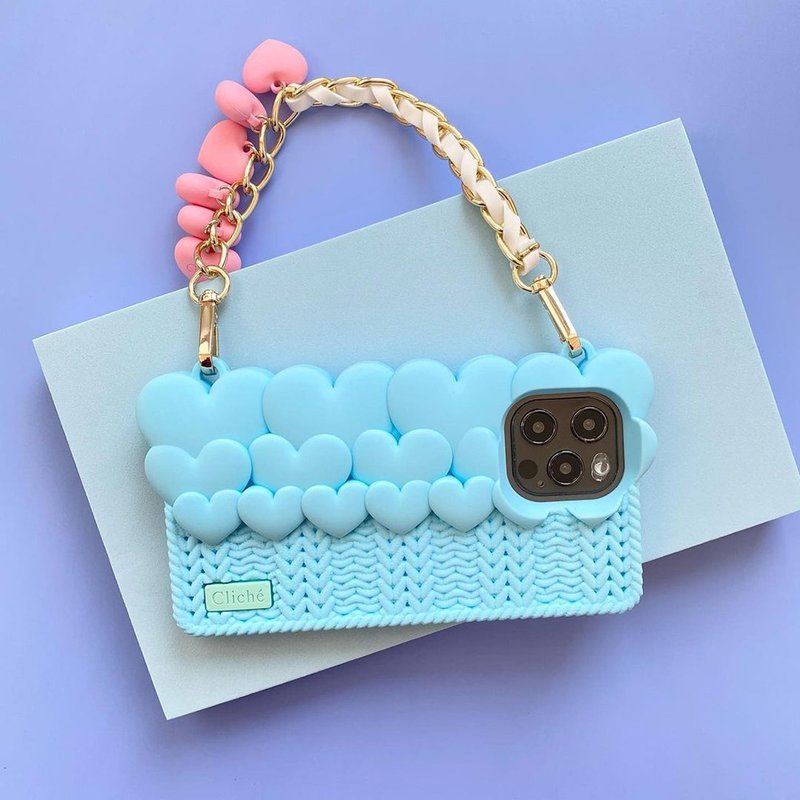 【Candies】Cliche针织爱心晚宴包(蓝) - iPhone 12 Pro Max - 手机壳/手机套 - 硅胶 蓝色