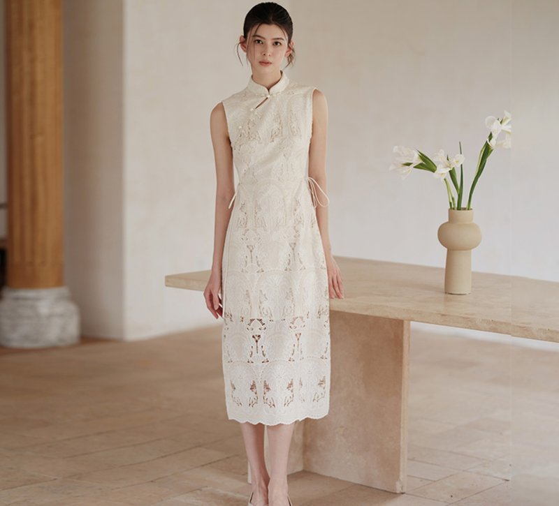 【暖沙米】新中式复古中国风 蕾丝镂空改良旗袍 - 洋装/连衣裙 - 棉．麻 白色