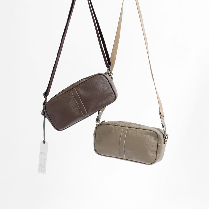 订制生产・斜背包 深棕色・米色 - 侧背包/斜挎包 - 真皮 咖啡色