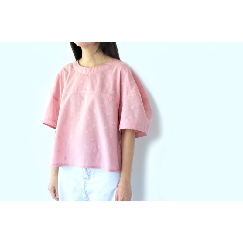 粉红超大泡泡袖衬衫 - 女装上衣 - 棉．麻 粉红色