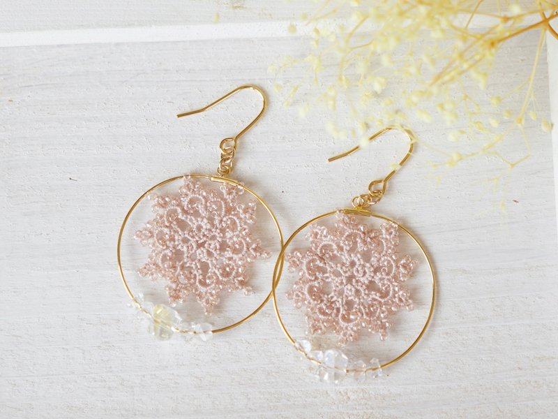 樱花色梭编蕾丝耳环 耳夹 优雅轻盈款 - 耳环/耳夹 - 棉．麻 粉红色