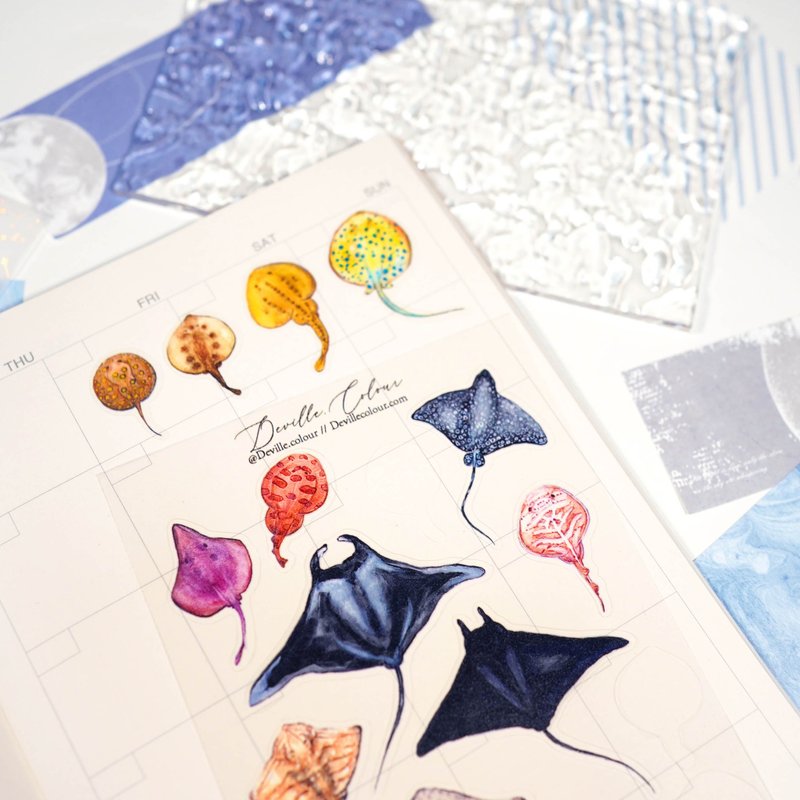 【Manta】魔鬼鱼 魟鱼 水彩插画 白墨PET贴纸 手帐 海洋 海洋生物 - 贴纸 - 纸 蓝色