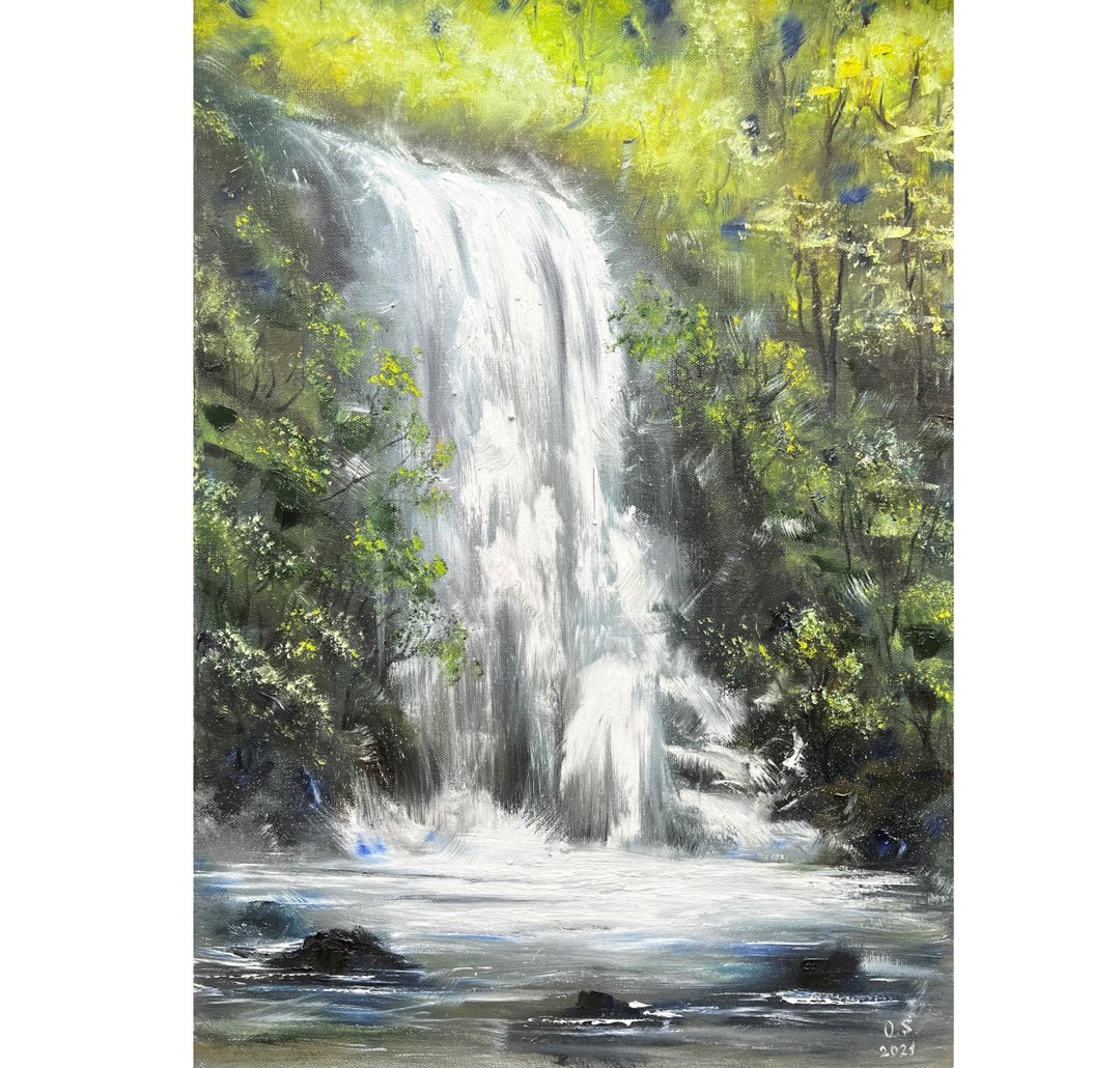 瀑布画风景原创艺术油画 70x50 厘米/ 28x20 英寸 - 海报/装饰画/版画 - 棉．麻 